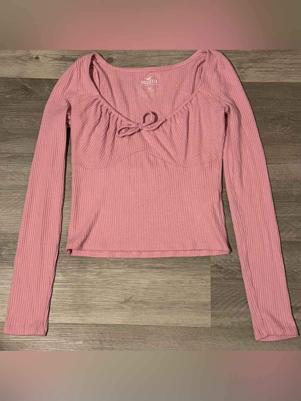 Hollister Pink Coquette Ribbed Long-Sleeve Tie-Front Top